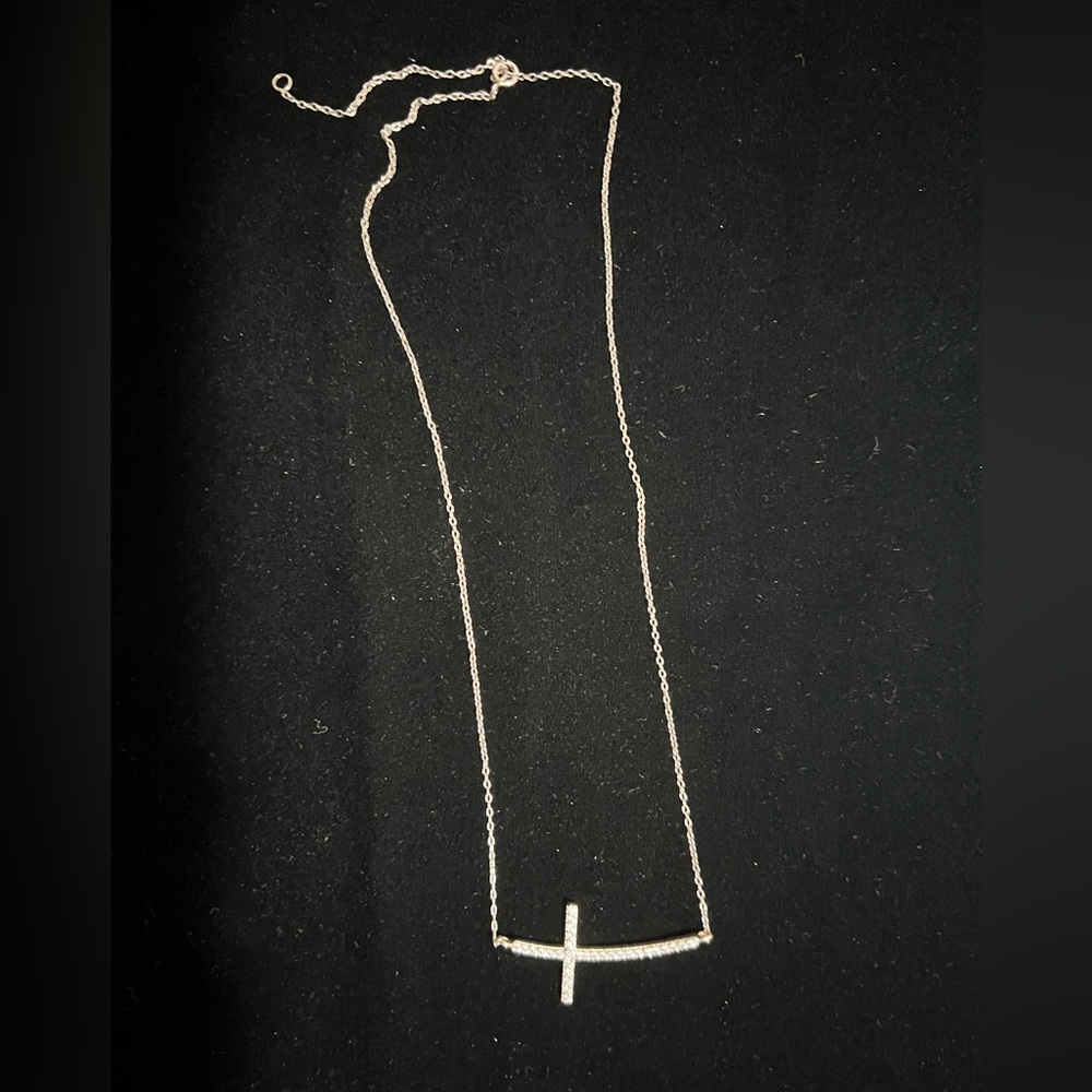 New Curved Side Cross Cubic Zirconia Sterling Silver, 925 Necklace